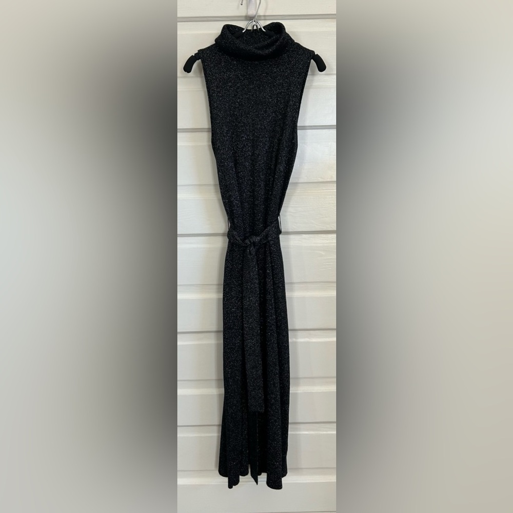 NWOT PAIGE Zoelle Black Metallic Sleeveless Midi Dress with Waist Tie - Picture 3 of 7